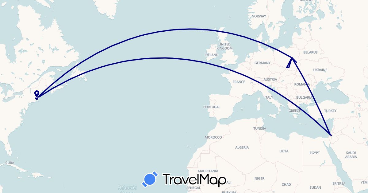 TravelMap itinerary: driving in Israel, Poland, United States (Asia, Europe, North America)